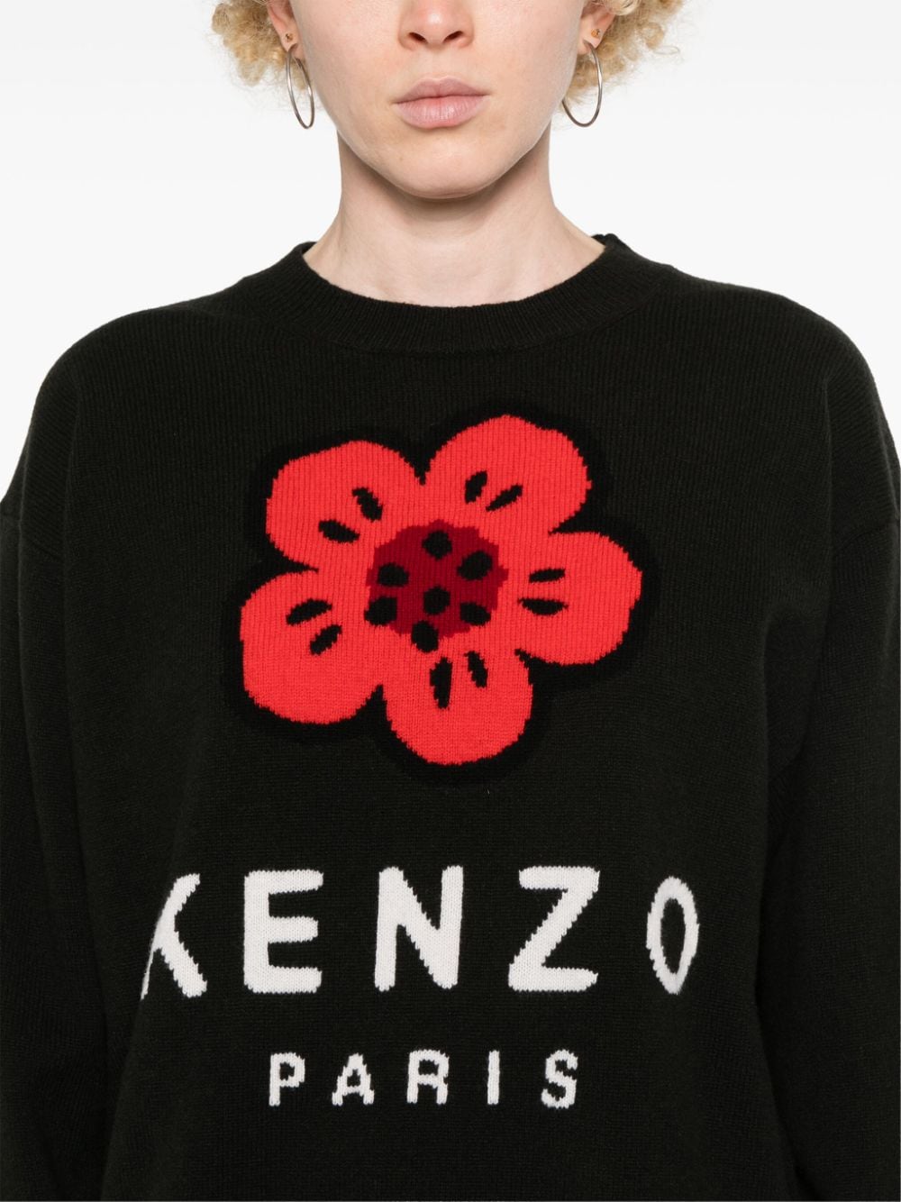 Kenzo Black Wool Ribbed Crew Neck Sweater with Boke Flower Motif image 3