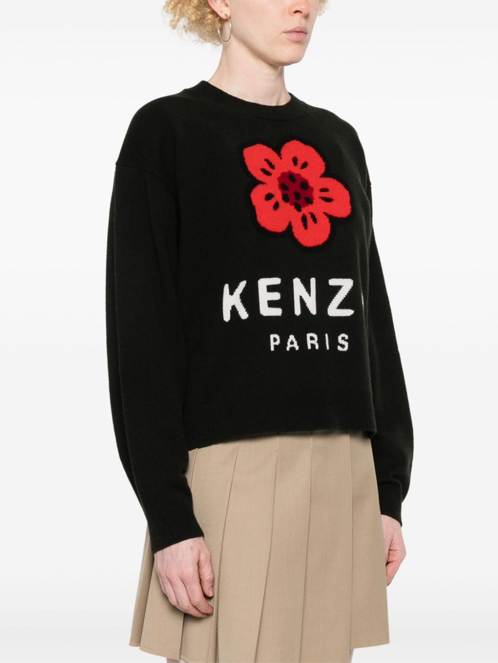 Kenzo Black Wool Ribbed Crew Neck Sweater with Boke Flower Motif image 4