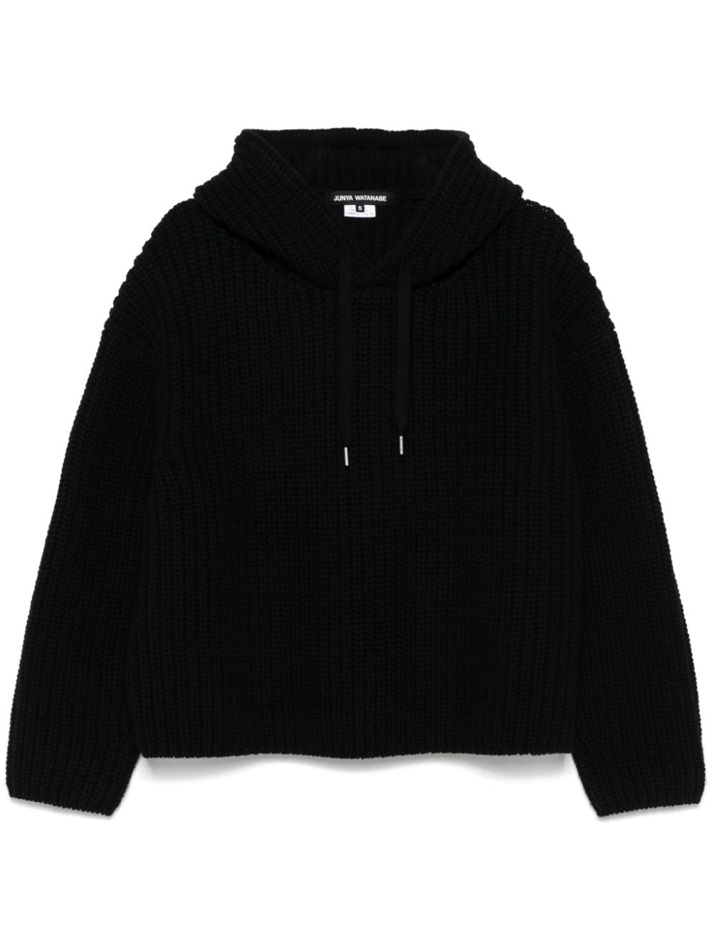 Junya Watanabe Black Wool Ribbed Knit Drawstring Hoodie image 0