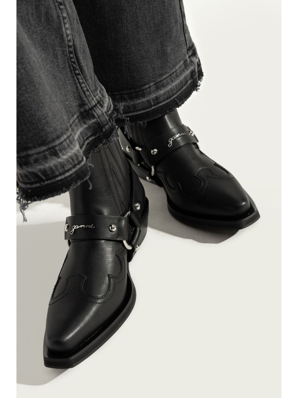 GANNI Black Western-Style Faux Leather Ankle Boots image 4