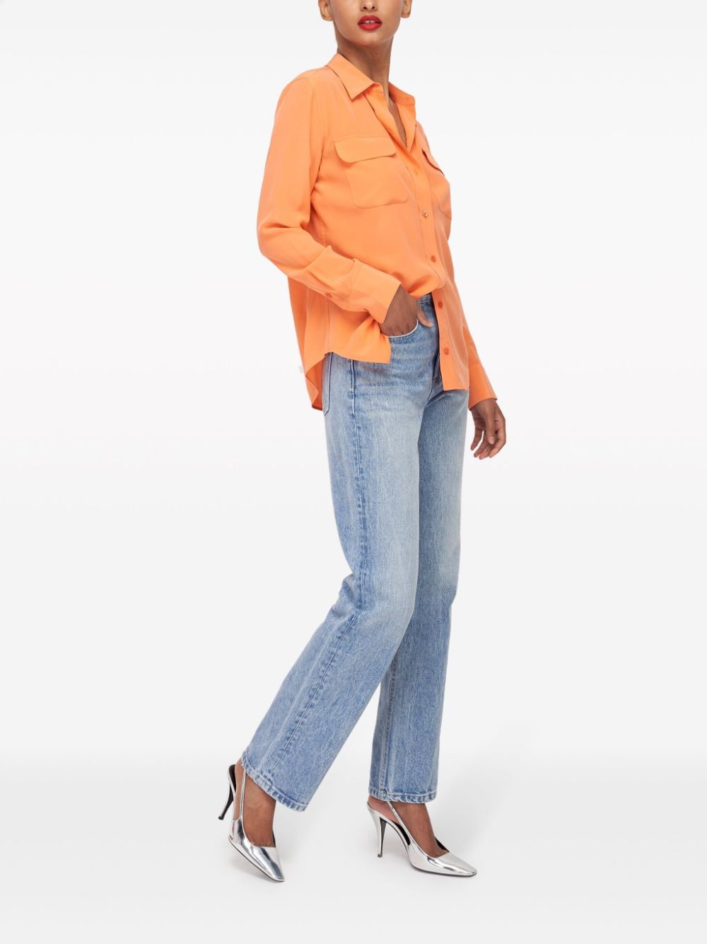 SLEEKEO Orange Silk Long Sleeve Shirt with Point Collar image 4