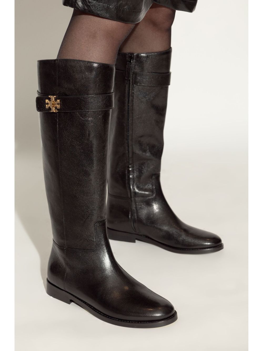 Tory Burch Black Leather Knee-High Boots with Side Zip image 3