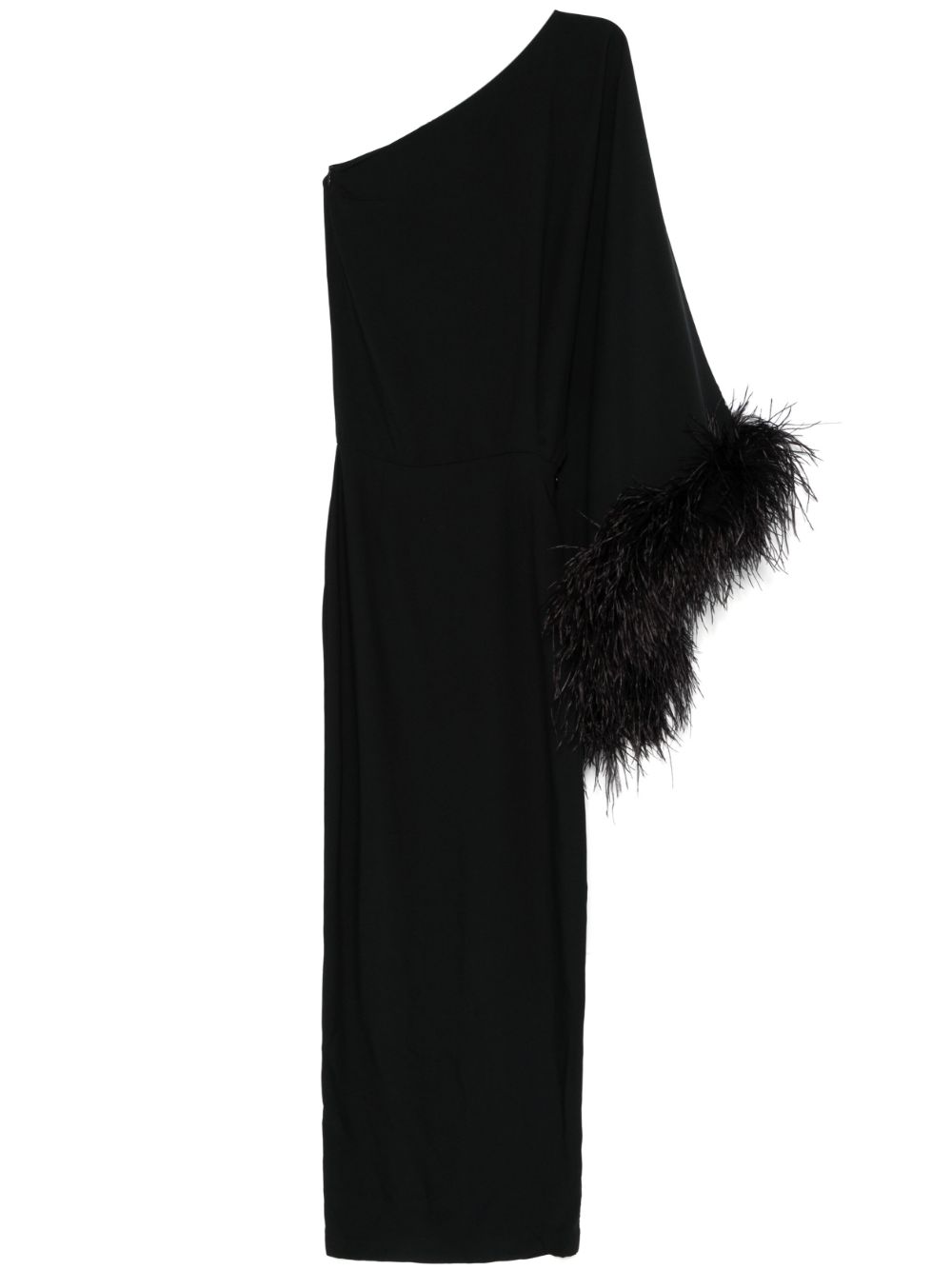 Black One-Shoulder Crepe Dress with Feather Cuff image 0