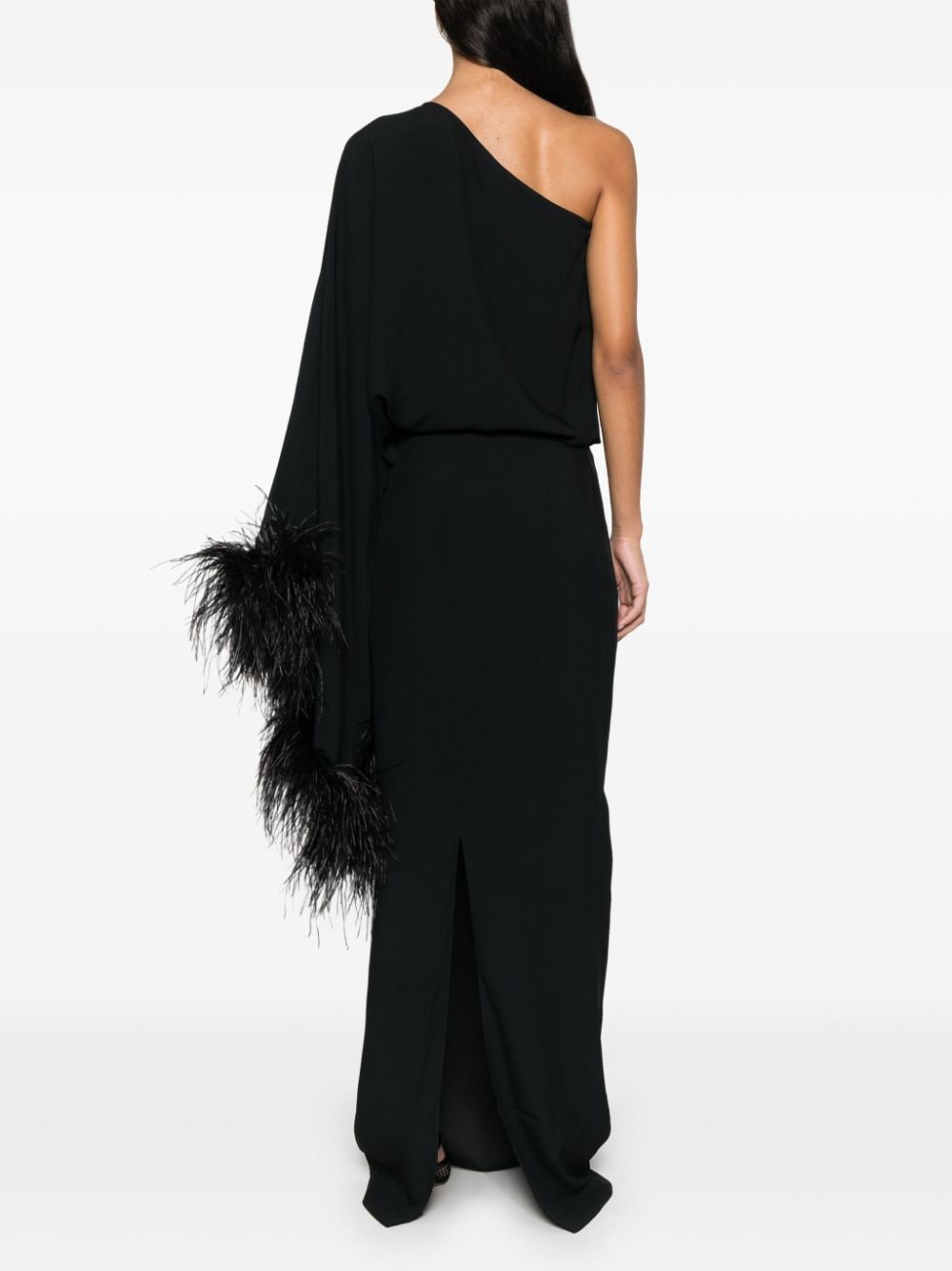 Black One-Shoulder Crepe Dress with Feather Cuff image 2