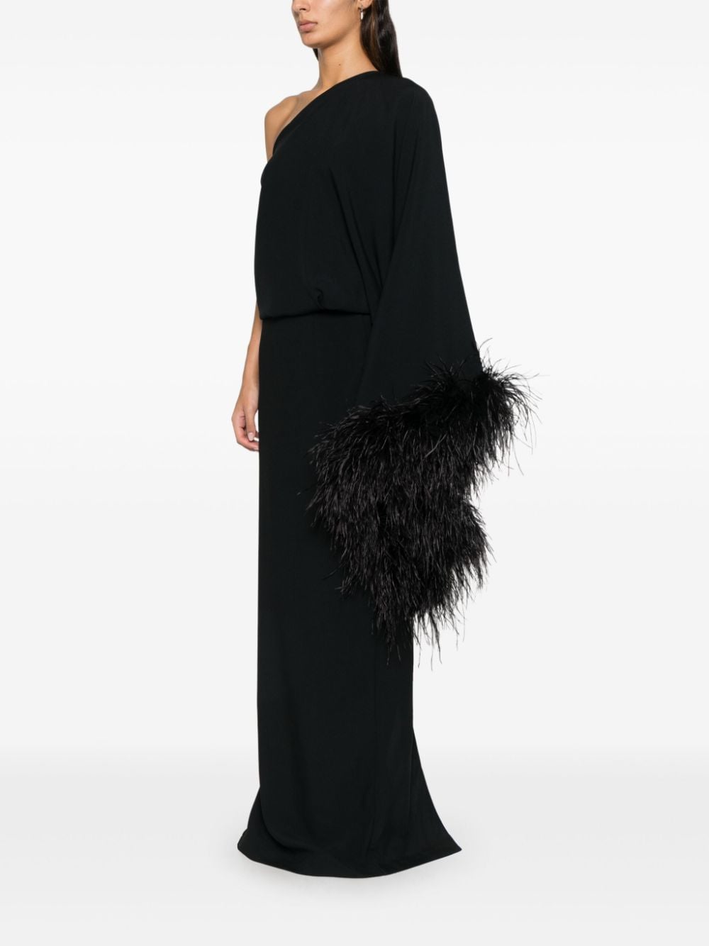 Black One-Shoulder Crepe Dress with Feather Cuff image 3