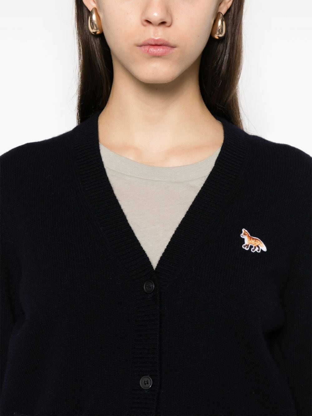 MAISON KITSUNÉ Men's Navy Blue Wool V-Neck Sweater with Fox Patch image 3