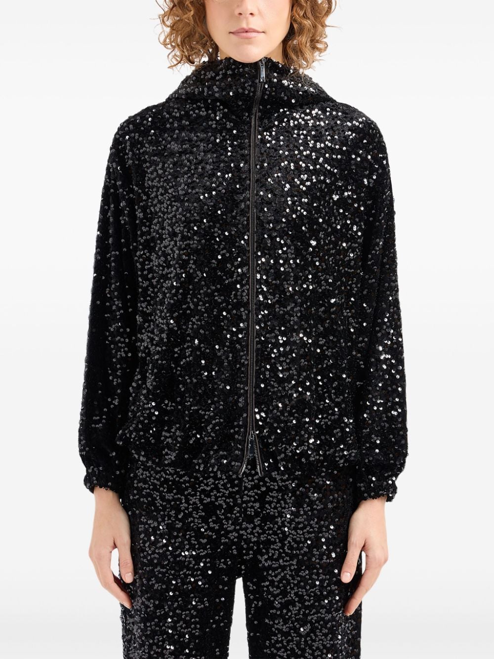 Emporio Armani Black Sequin Embellished Hooded Jacket image 2