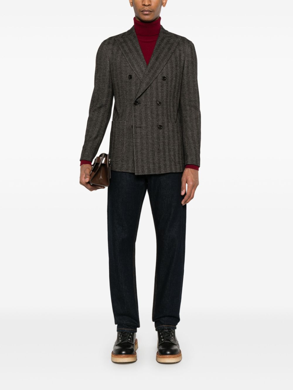 Boglioli Brown Herringbone Double-Breasted Wool Blend Jacket image 1