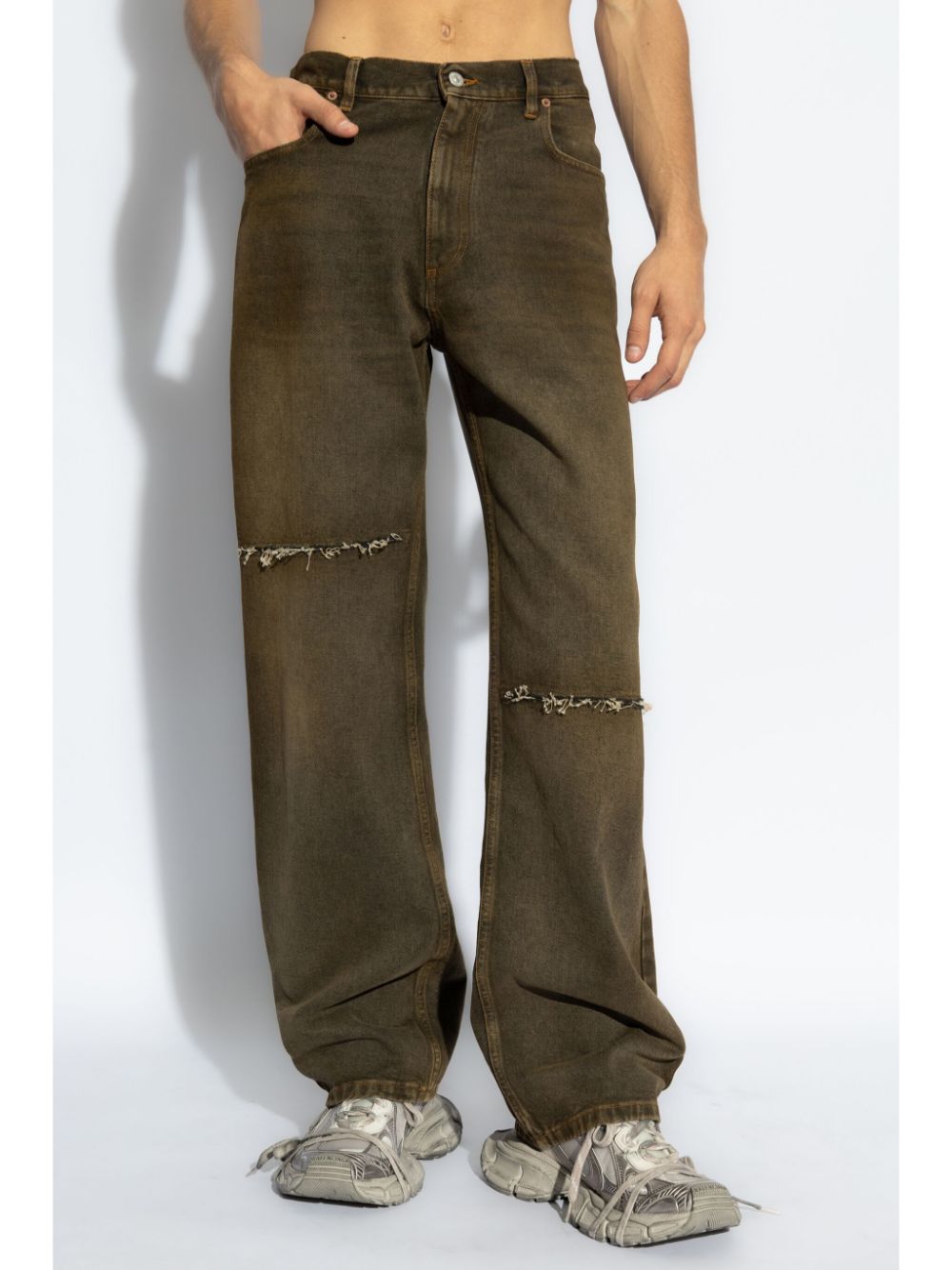 MM6 Maison Margiela Distressed Wide Leg Jeans in Brown image 2