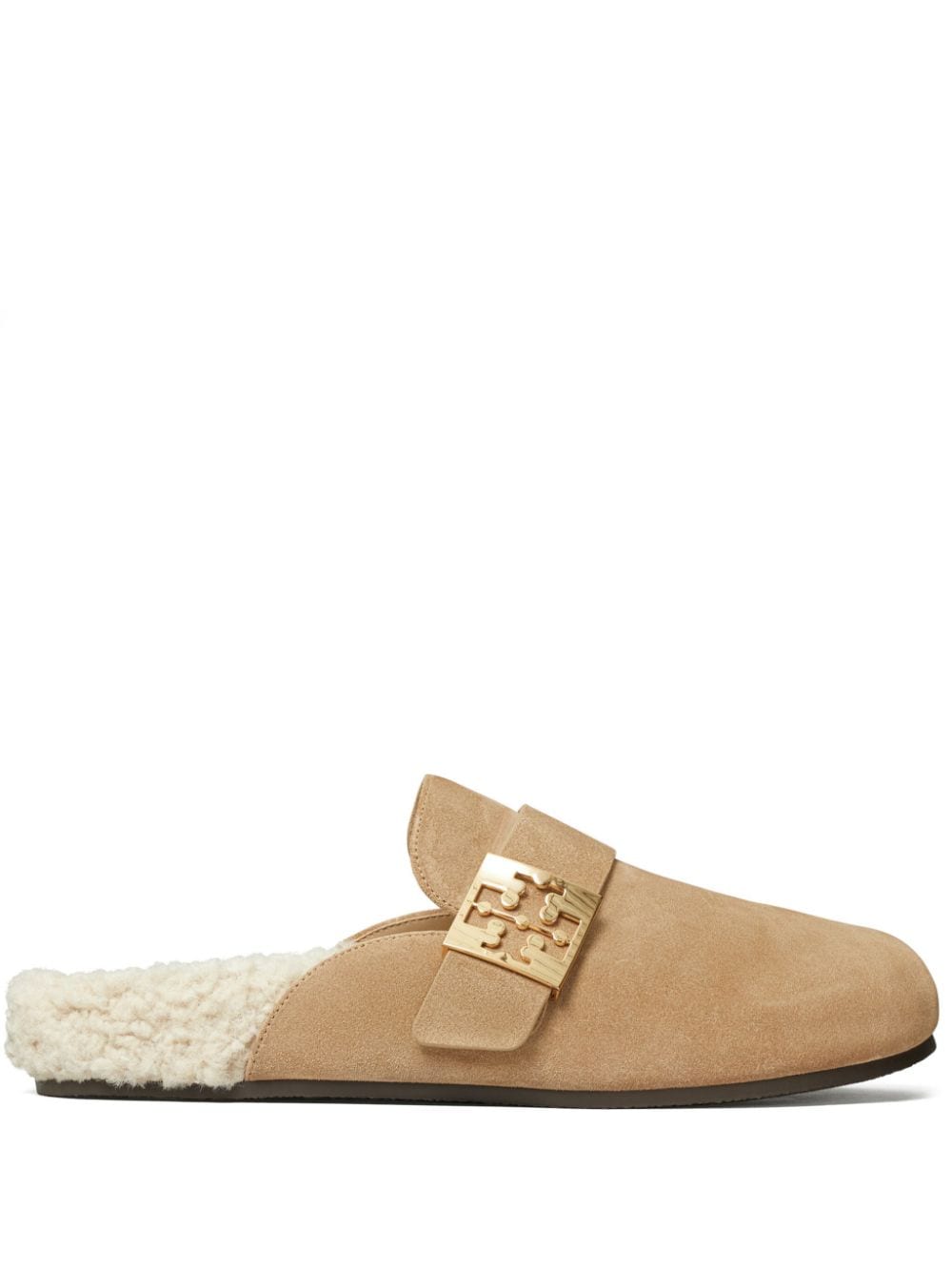 Tory Burch Beige Suede Slip-On Sandals with Logo Buckle image 0