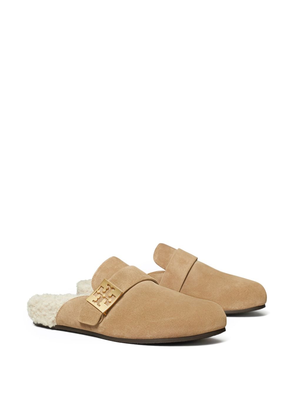 Tory Burch Beige Suede Slip-On Sandals with Logo Buckle image 2