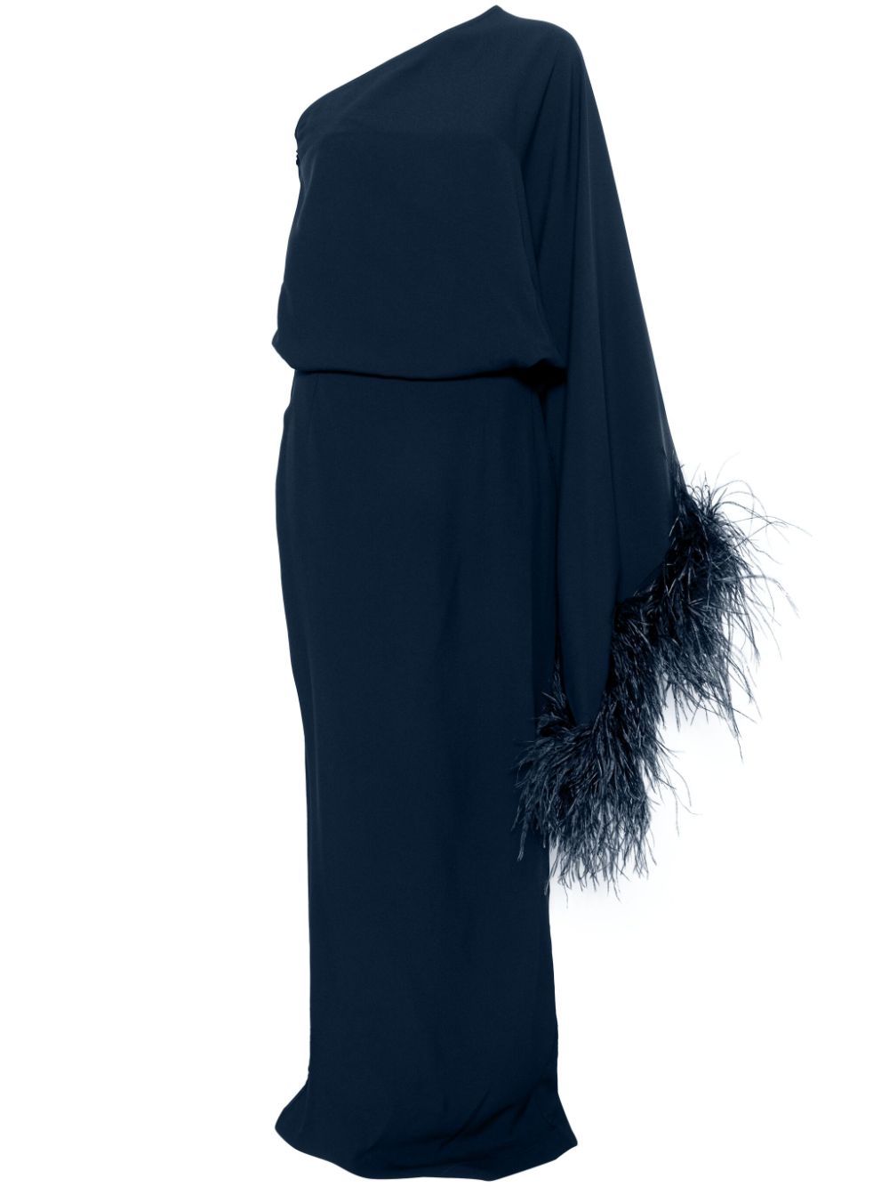 TALLER MARMO MAIN One-Shoulder Blue Column Dress with Feather Trim image 0