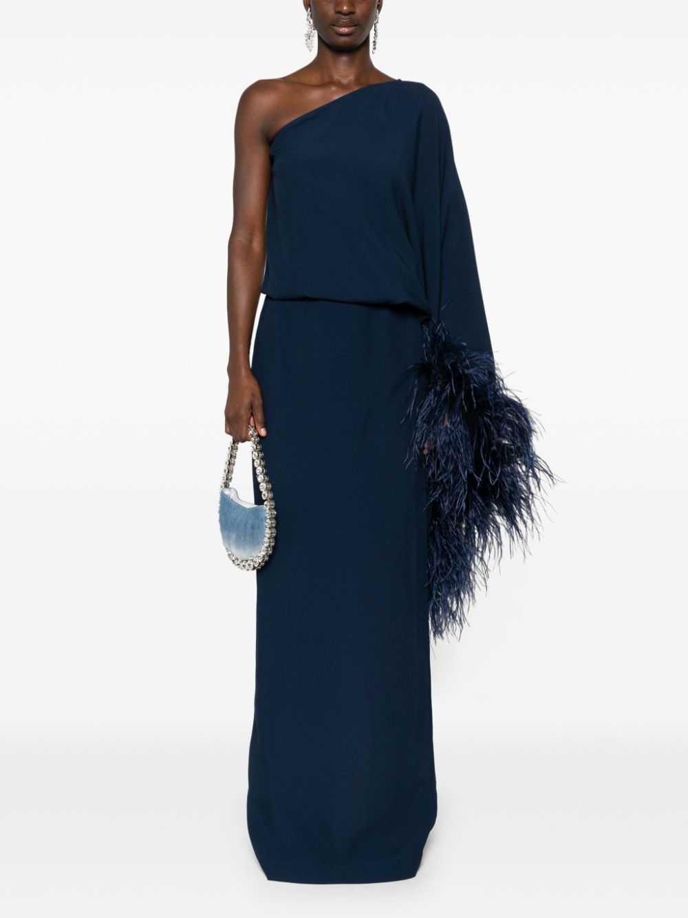 TALLER MARMO MAIN One-Shoulder Blue Column Dress with Feather Trim image 1