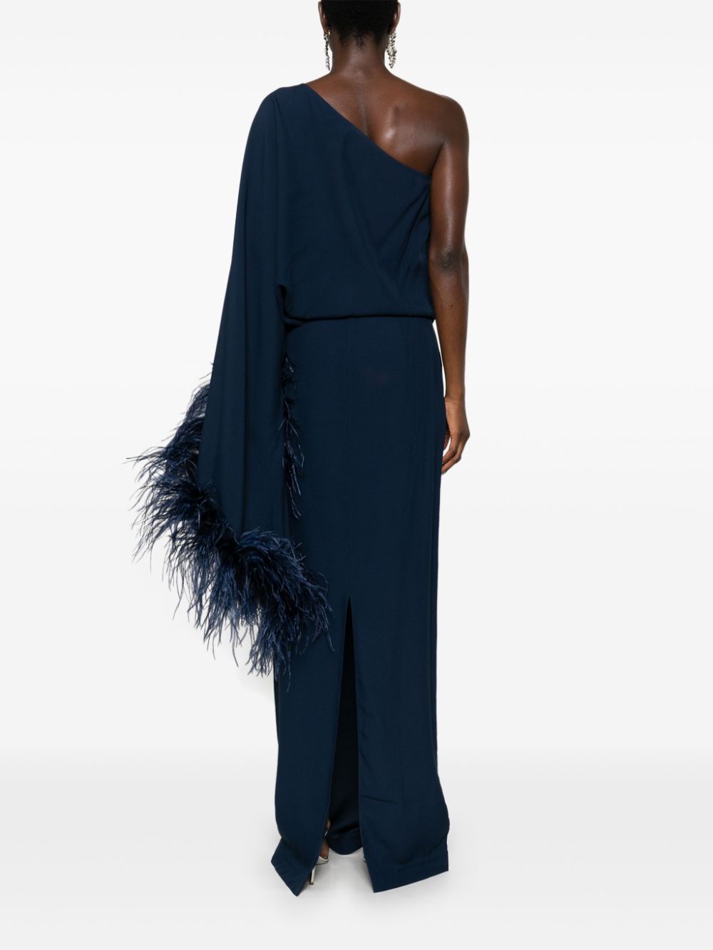 TALLER MARMO MAIN One-Shoulder Blue Column Dress with Feather Trim image 3