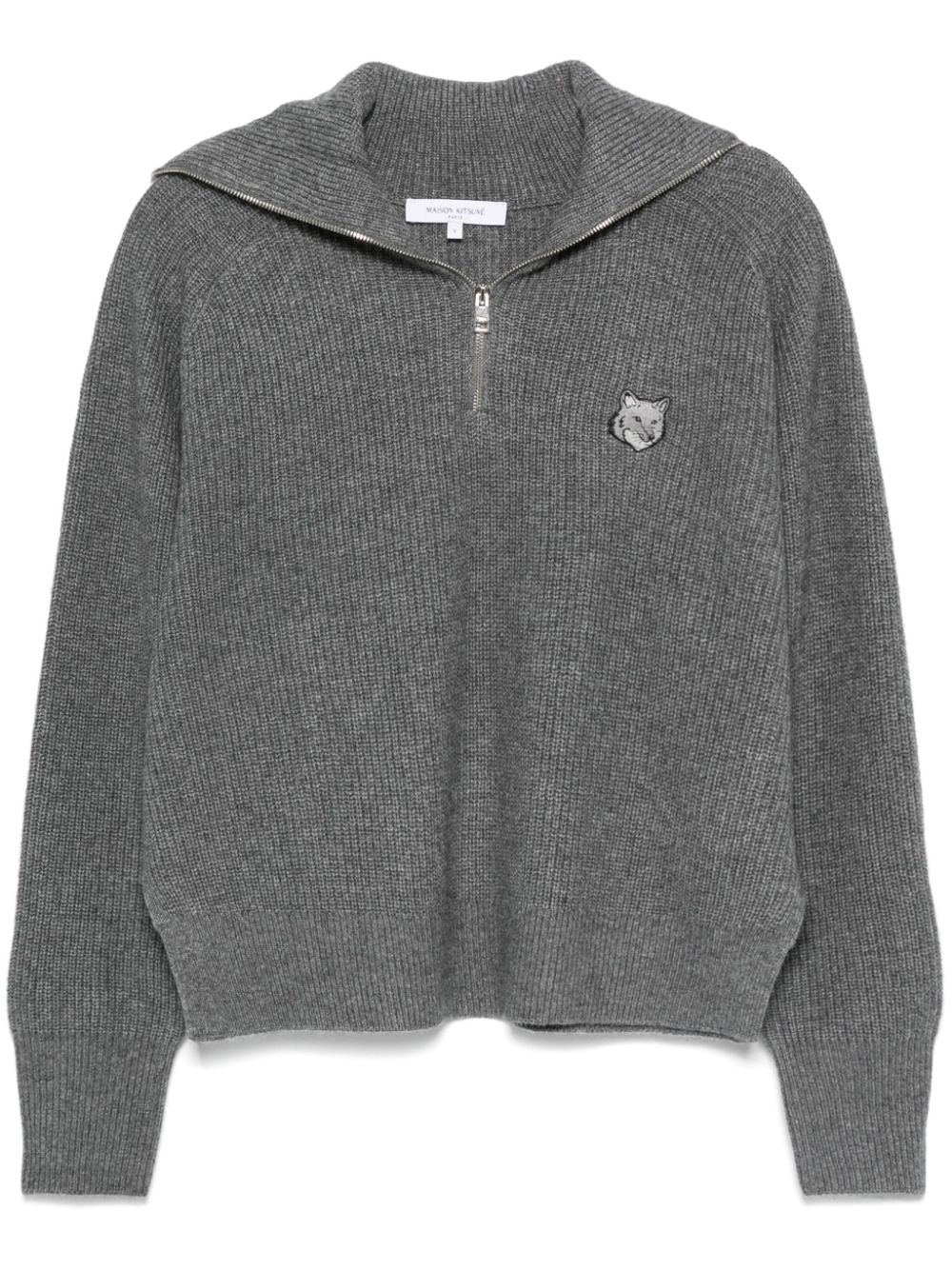 Maison Kitsuné Grey Ribbed Knit Sweater with Fox Head Patch image 0