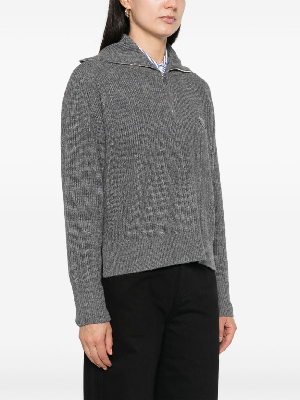 Maison Kitsuné Grey Ribbed Knit Sweater with Fox Head Patch image 2