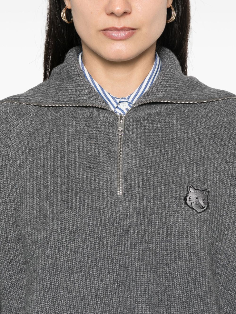 Maison Kitsuné Grey Ribbed Knit Sweater with Fox Head Patch image 4