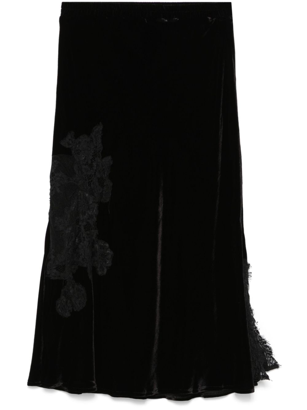 GOLD HAWK Black Velvet Midi Skirt with Floral Lace Detail image 0