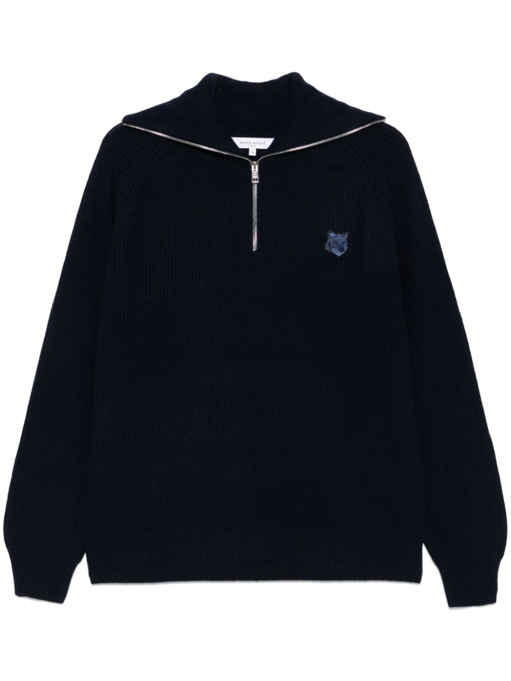 Maison Kitsune Blue Ribbed Knit Sweater with Fox Head Patch image 0