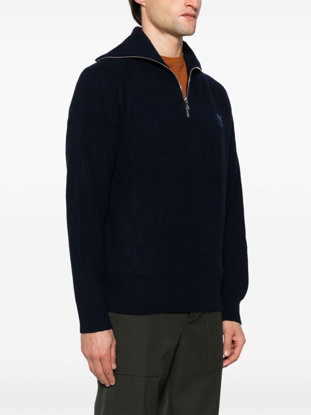 Maison Kitsune Blue Ribbed Knit Sweater with Fox Head Patch image 2