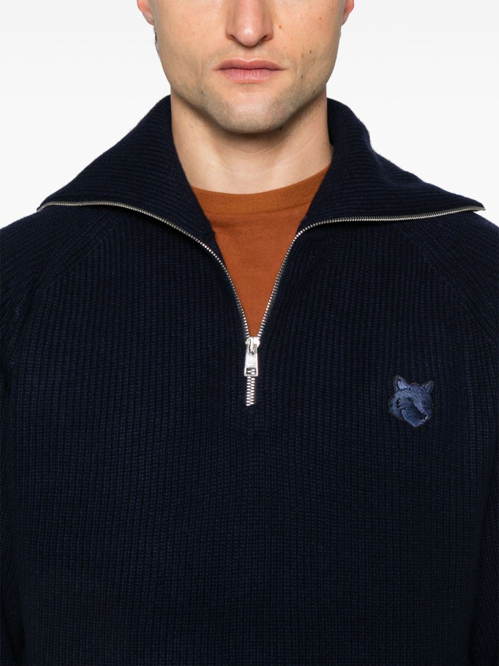 Maison Kitsune Blue Ribbed Knit Sweater with Fox Head Patch image 3