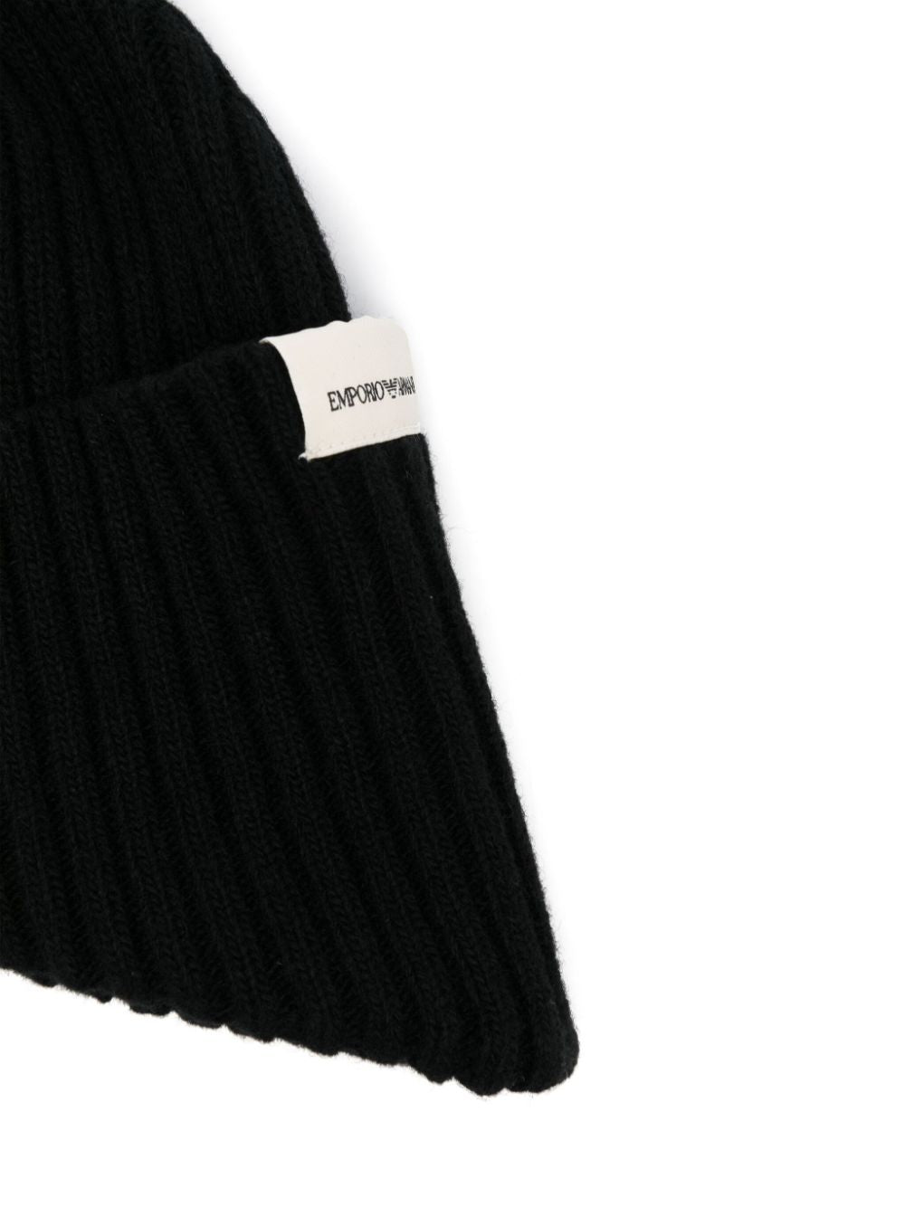 Emporio Armani Black Ribbed Knit Wool Blend Hat with Logo Patch image 1