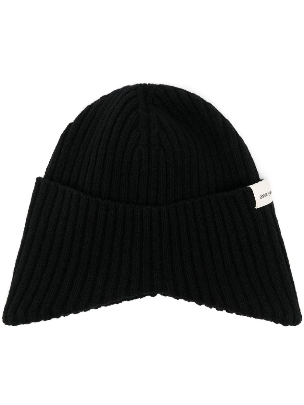 Emporio Armani Black Ribbed Knit Wool Blend Hat with Logo Patch image 0