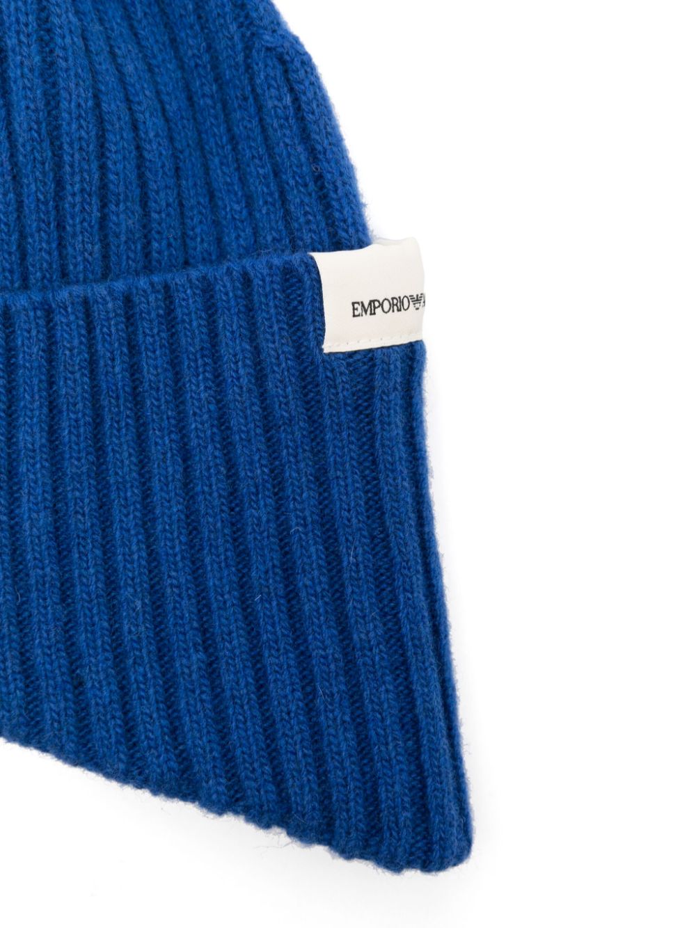 Emporio Armani Blue Wool Blend Ribbed Knit Hat with Logo Patch image 1