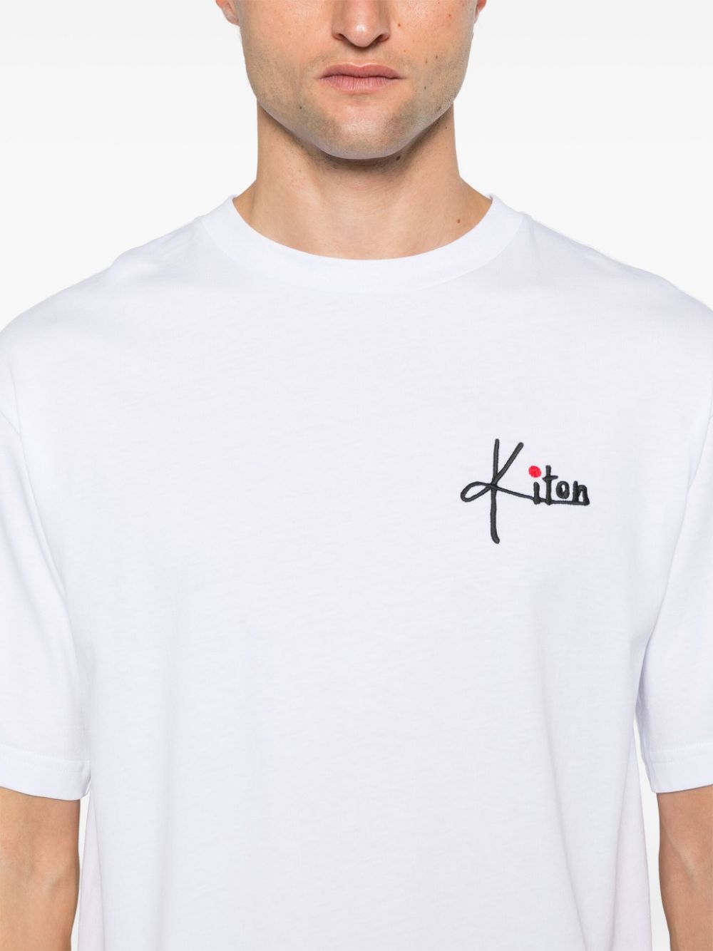 Kiton Men's White Cotton T-Shirt with Embroidered Logo image 1