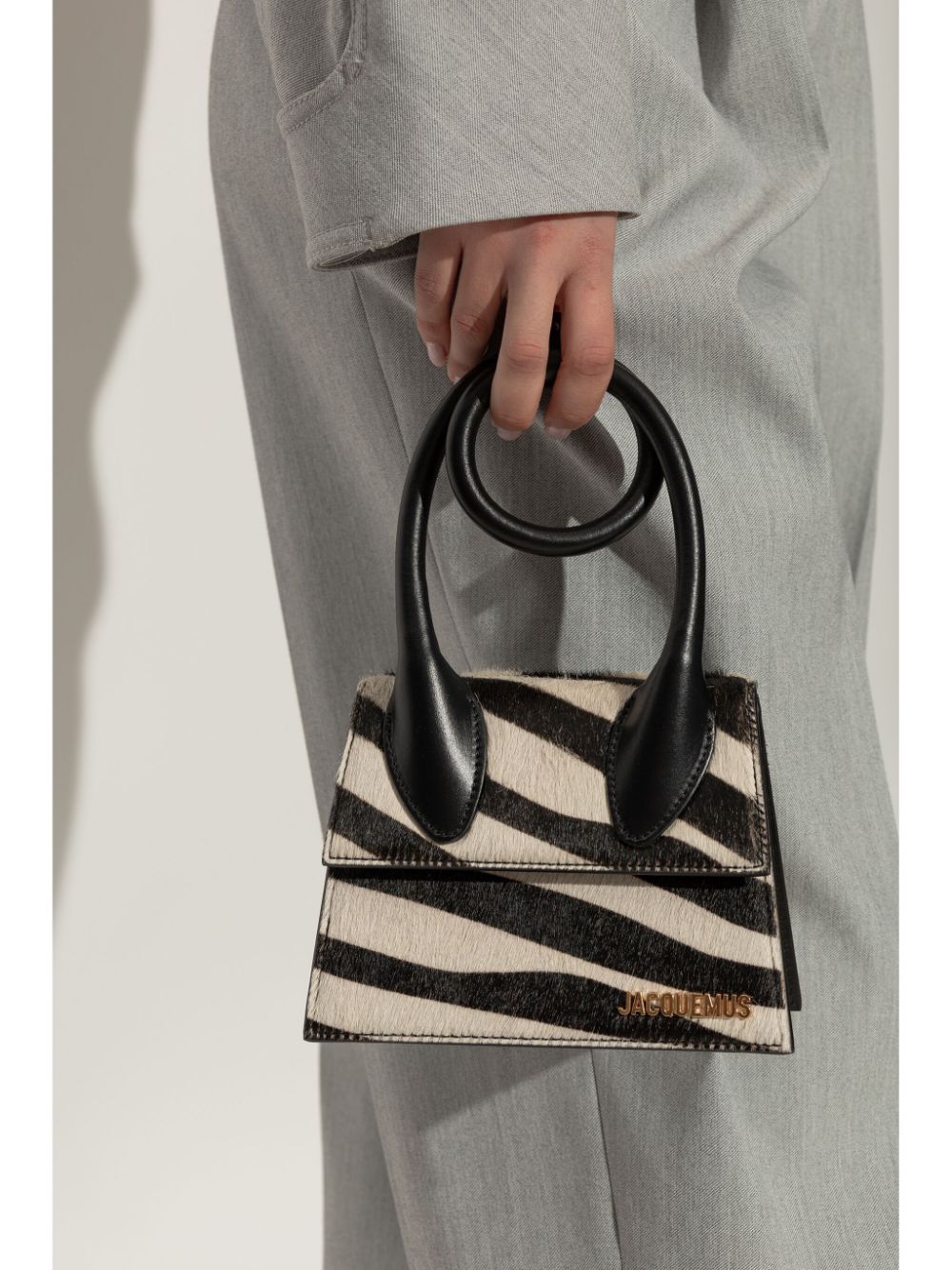 JACQUEMUS Le Chiquito Calf Hair Zebra Print Foldover Bag - Black image 1