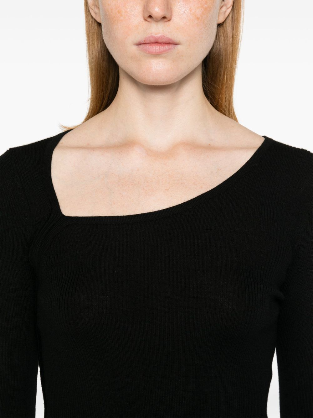 Parosh Women's Black Wool Ribbed Knit Asymmetric Neck Sweater image 4