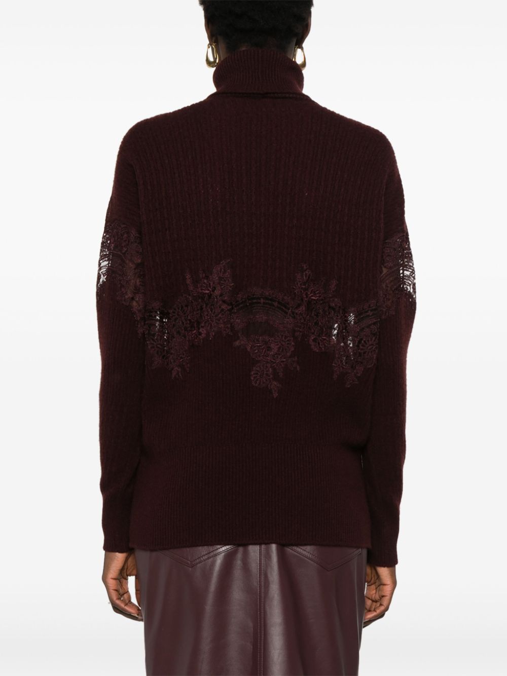 Ermanno Scervino Bordeaux Cashmere Knit Sweater with Lace Inserts image 1