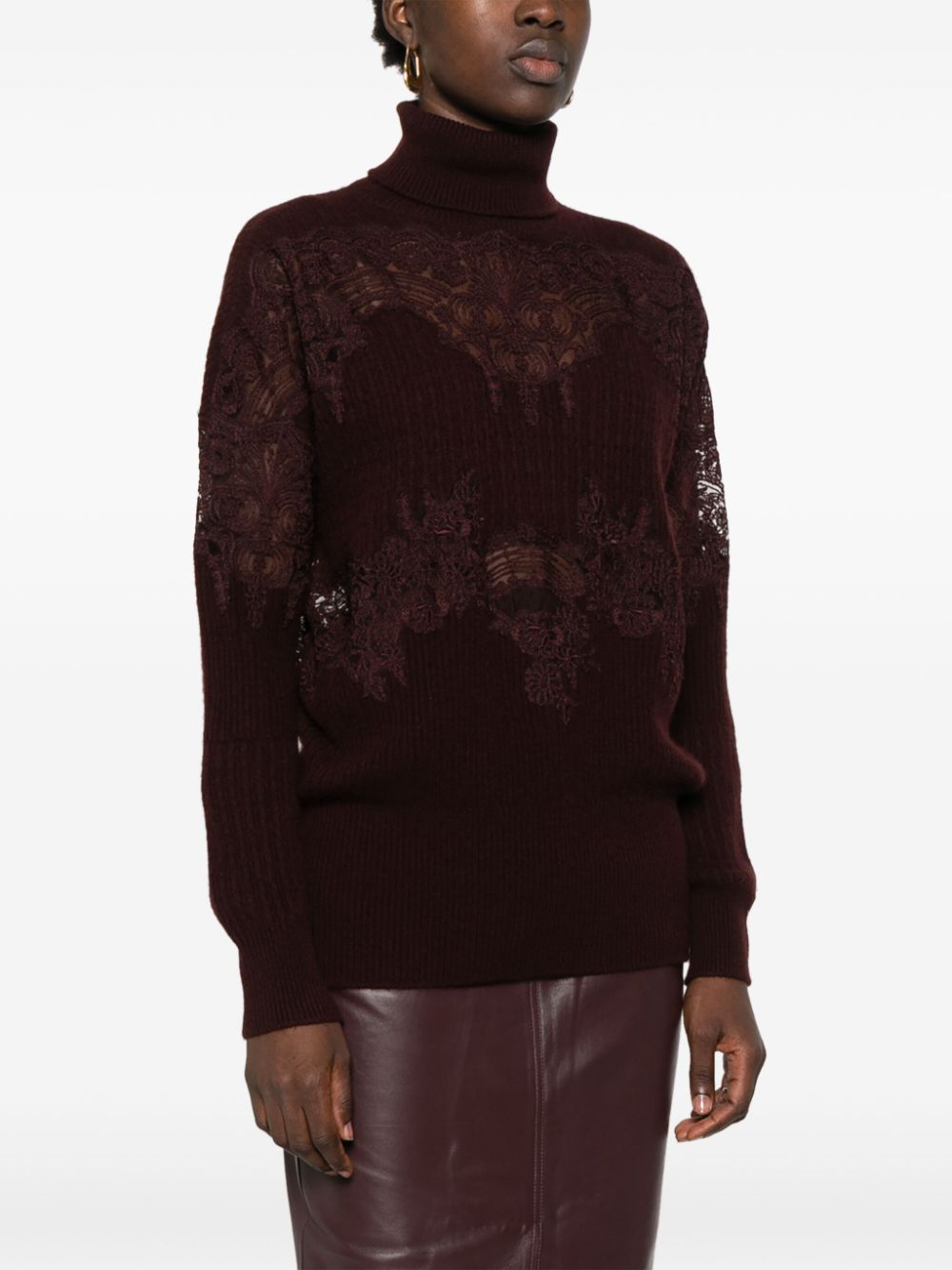 Ermanno Scervino Bordeaux Cashmere Knit Sweater with Lace Inserts image 2