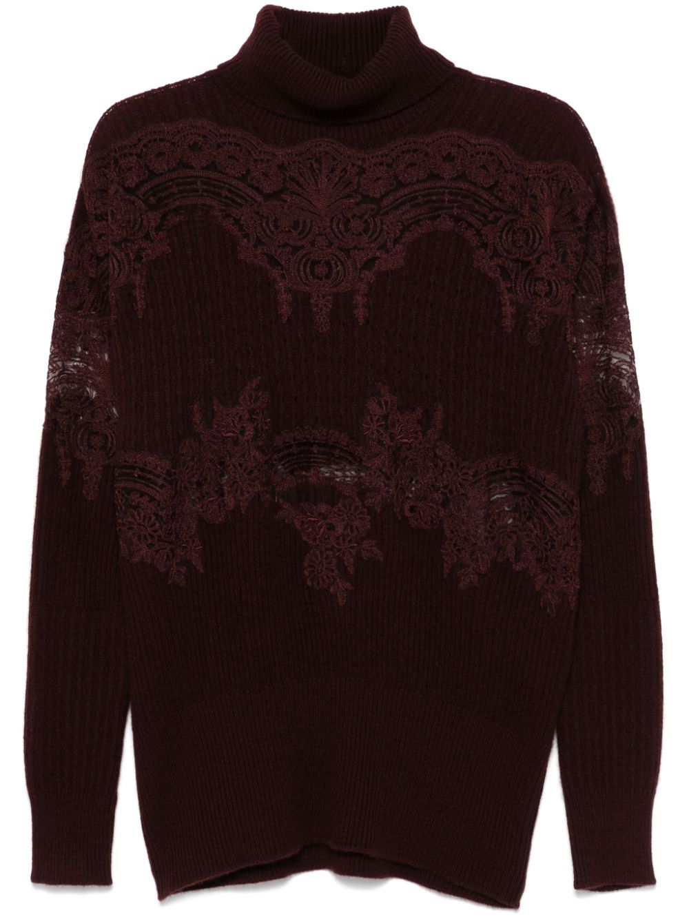 Ermanno Scervino Bordeaux Cashmere Knit Sweater with Lace Inserts image 0