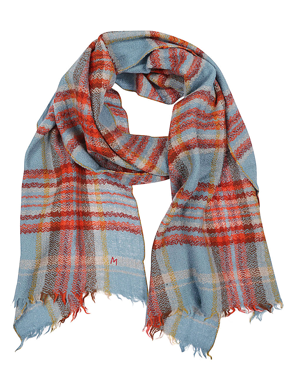 MOISMONT Handwoven Wool Scarf - Clear Blue with Red "M" image 0