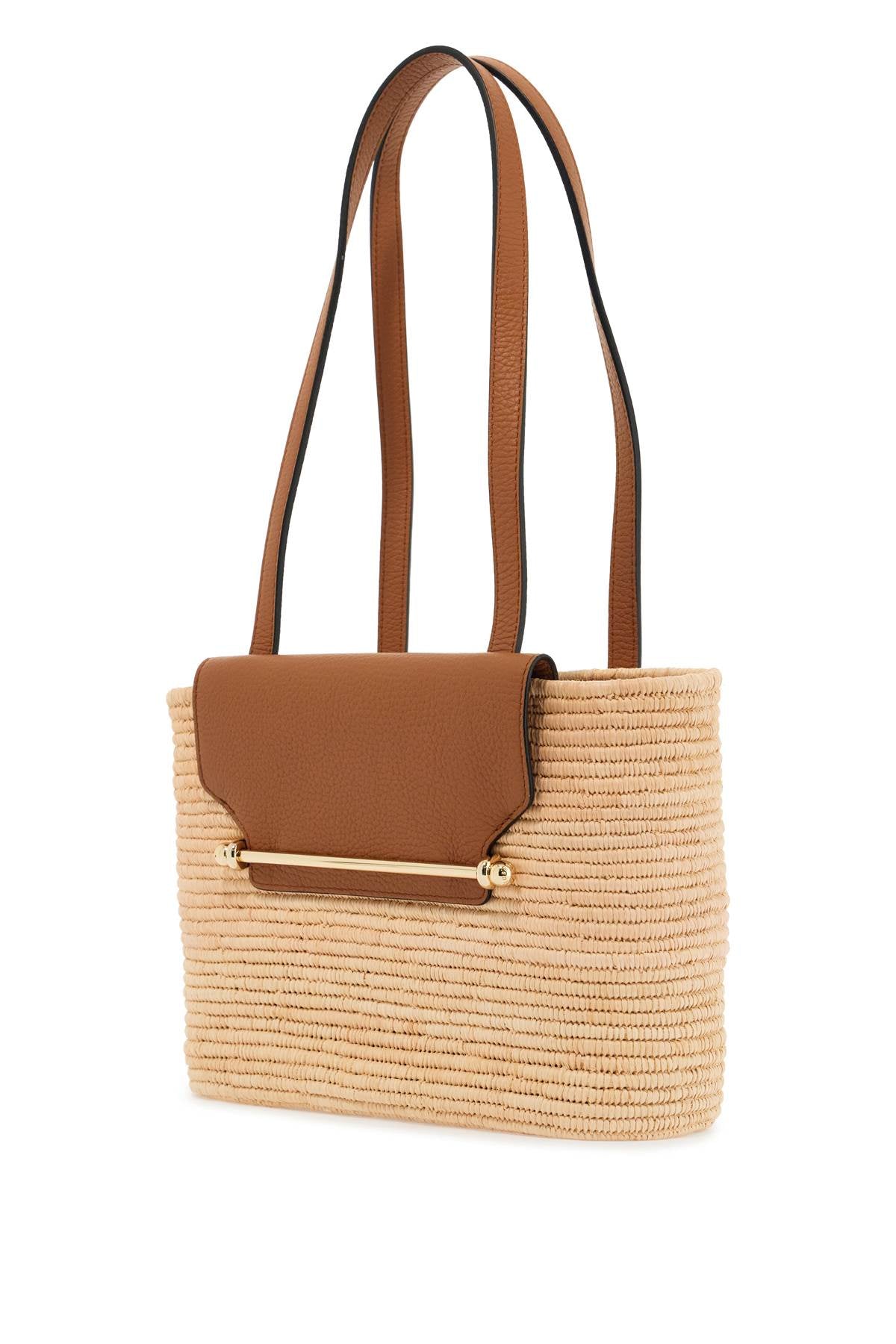 Strathberry beige woven raffia bag with leather details image 1