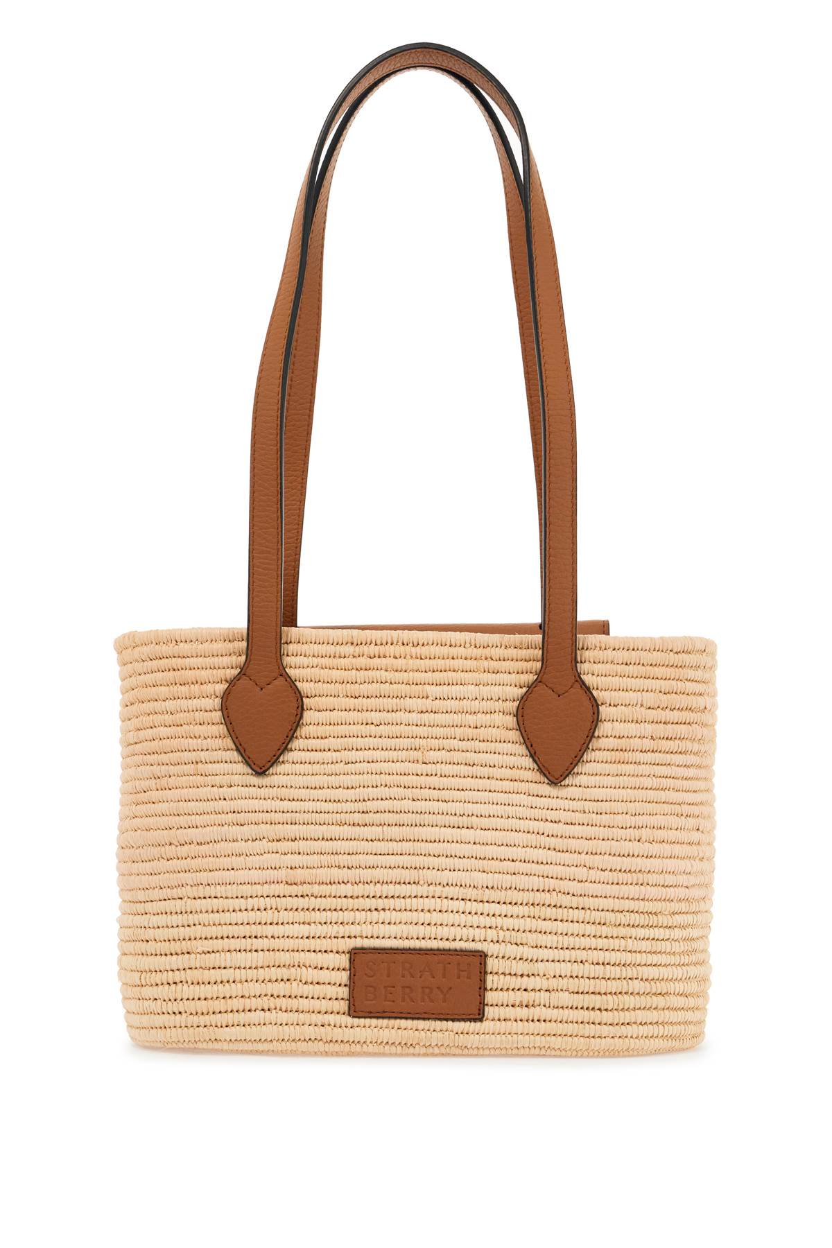 Strathberry beige woven raffia bag with leather details image 0