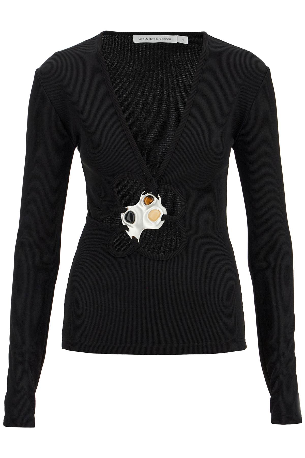 Christopher Esber Long-Sleeve Ribbed Knit Top with Stone Detail image 0