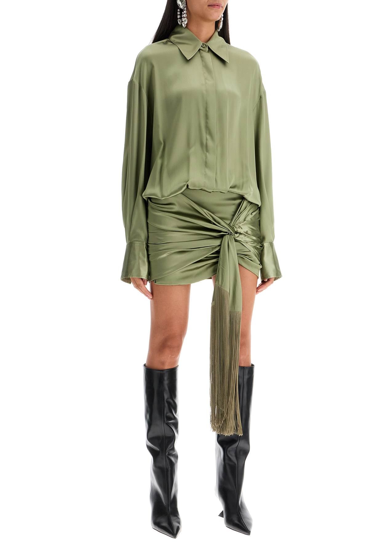 The Attico Silk Satin Mini Dress with Knotted Panel and Fringes image 1