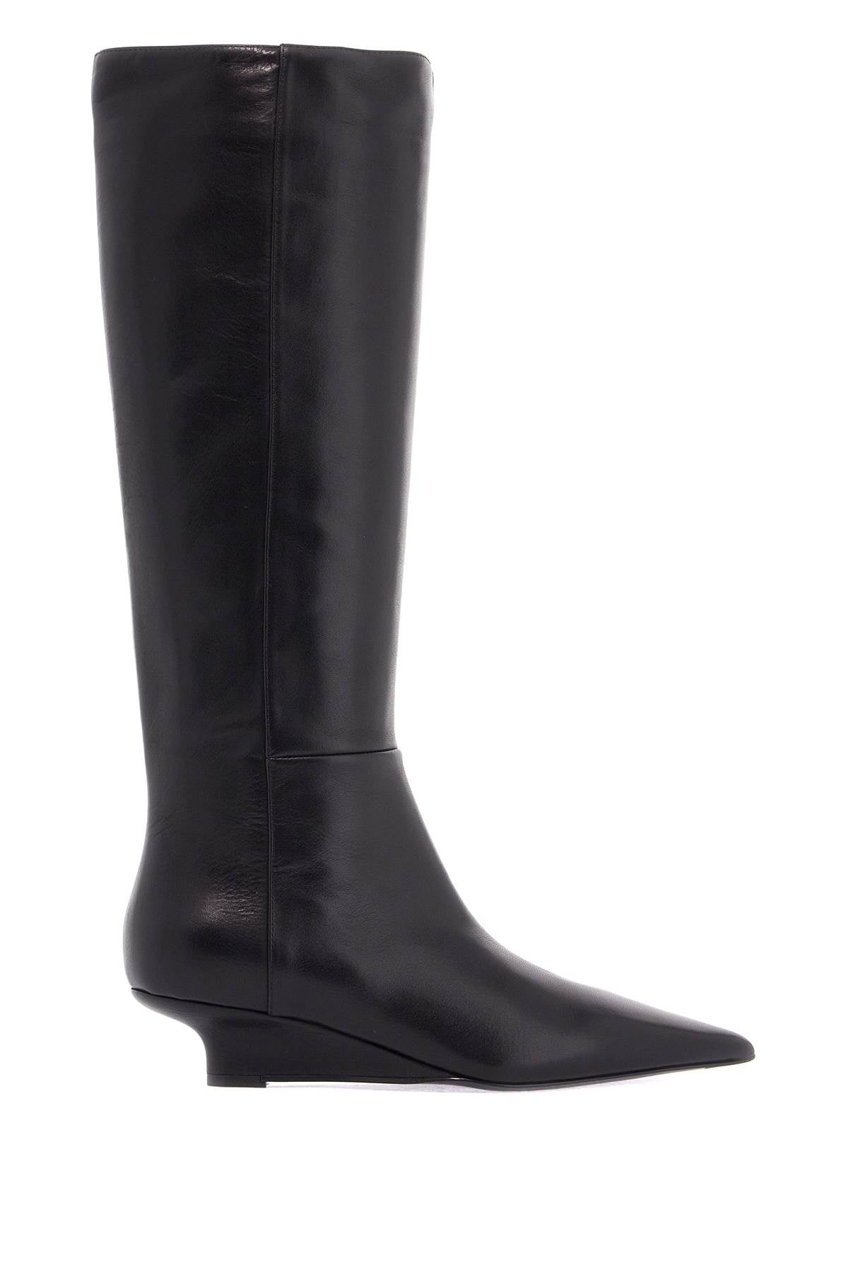 Toteme black leather knee-high boots with low heel and pointed toe image 0