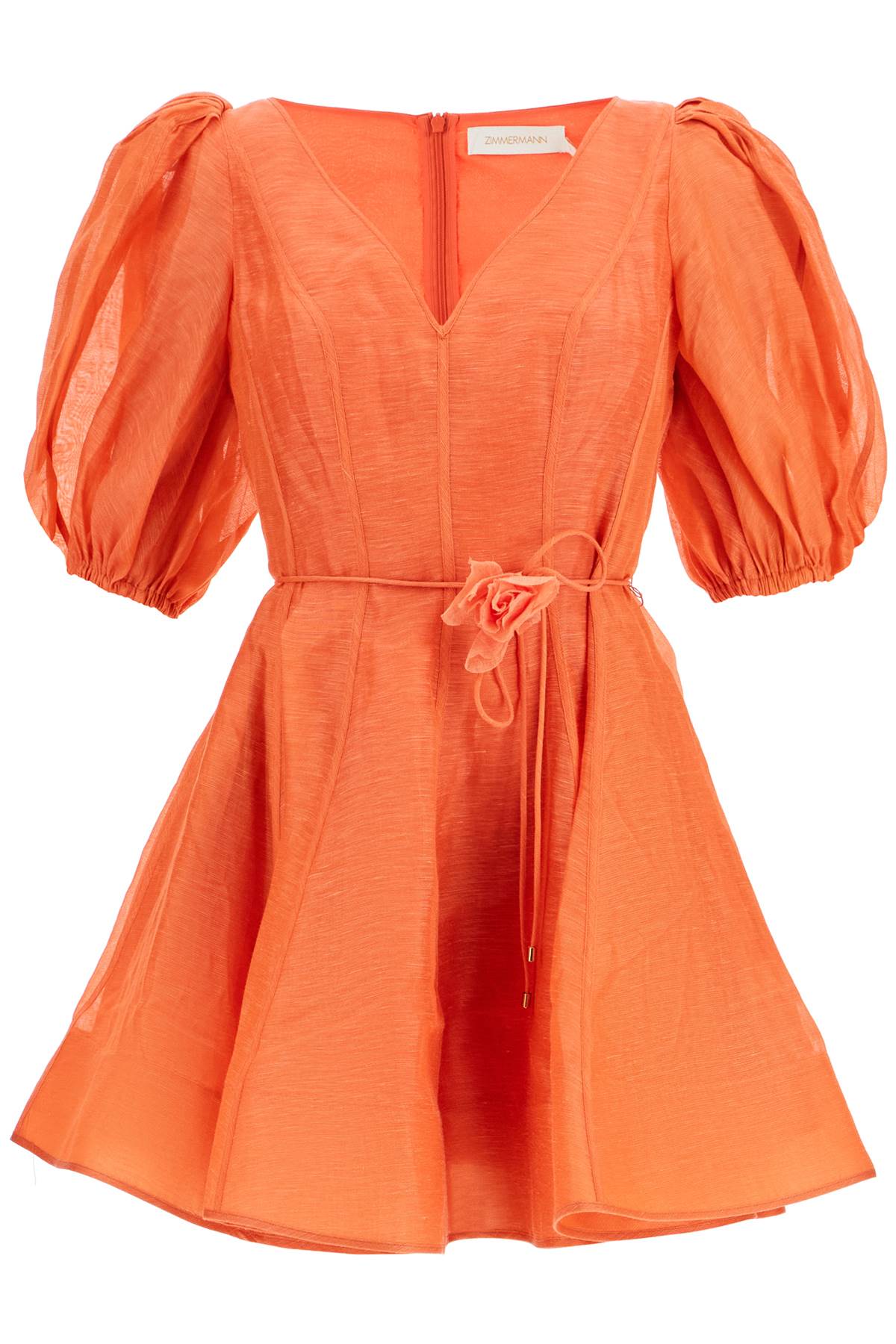 Zimmermann Tranquility Linen Mini Dress with V-Neck and Balloon Sleeves image 0