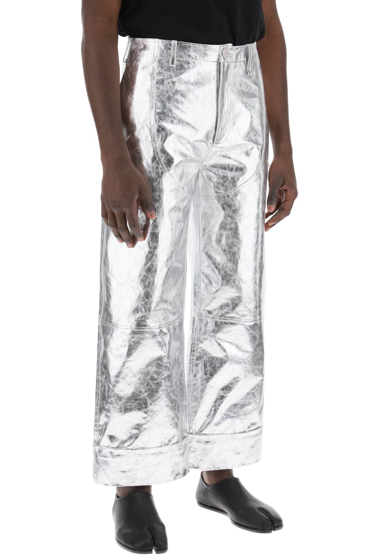 Simone Rocha Silver Laminated Leather Pants with Folded Hem image 1