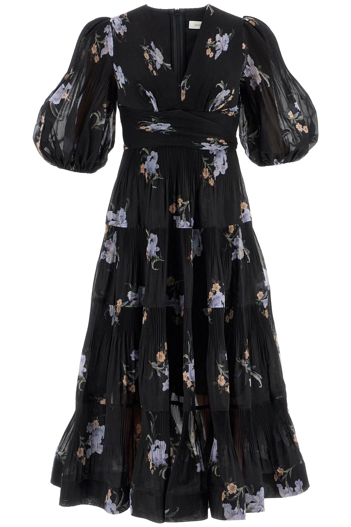 Zimmermann Floral Pleated Midi Dress: Organza, V-neck, Puff Sleeves image 0