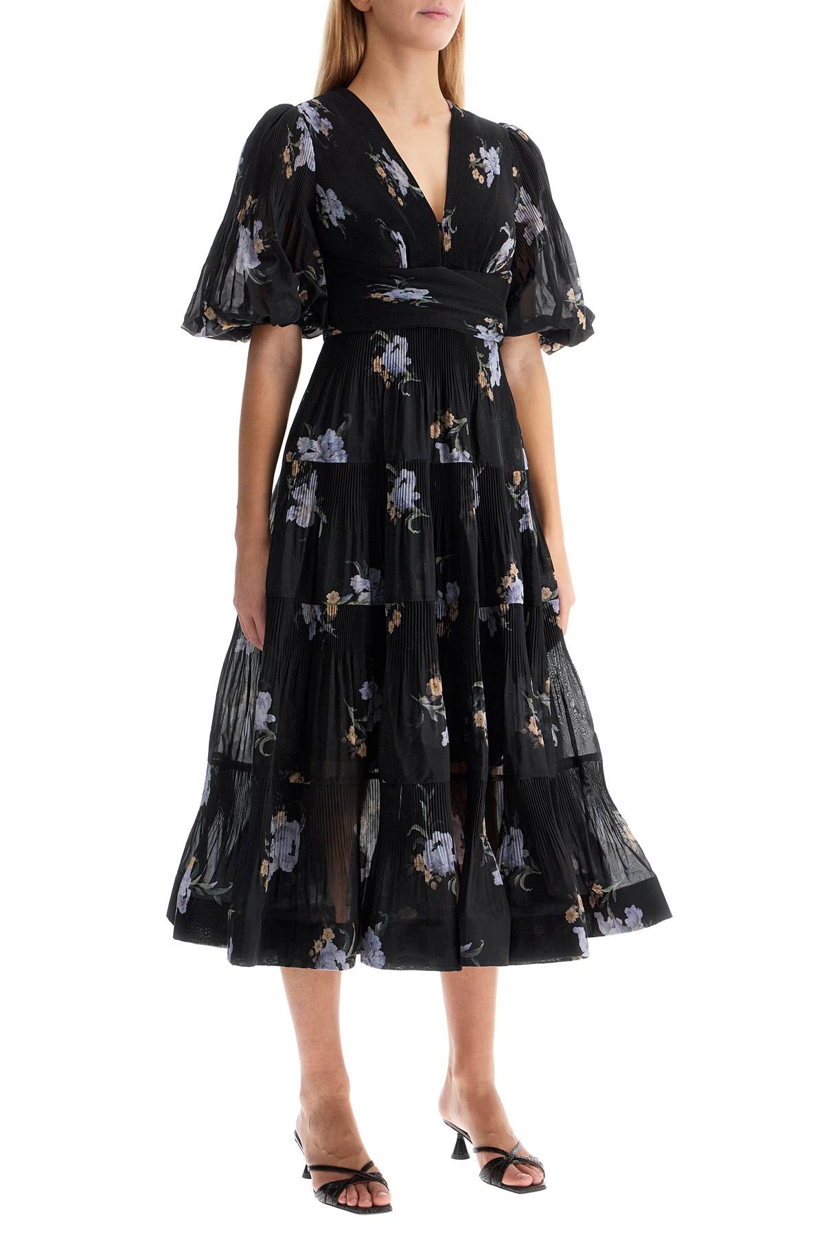 Zimmermann Floral Pleated Midi Dress: Organza, V-neck, Puff Sleeves image 1