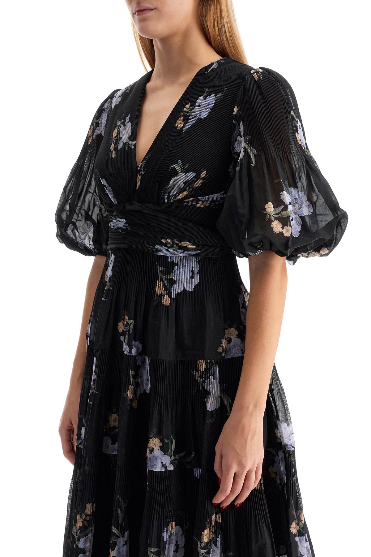 Zimmermann Floral Pleated Midi Dress: Organza, V-neck, Puff Sleeves image 3