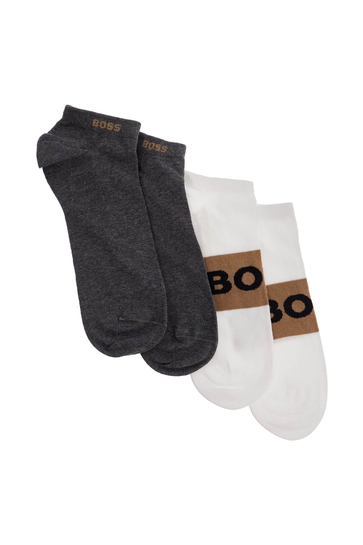 Boss low-cut gray and white socks with gold logo and brown band image 0