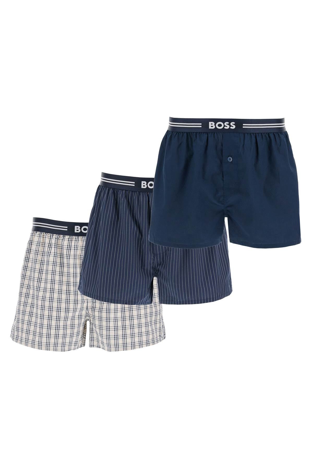 Boss set 3 boxer uomo cotone blu scuro righe quadretti vita elastica aw2024 image 0