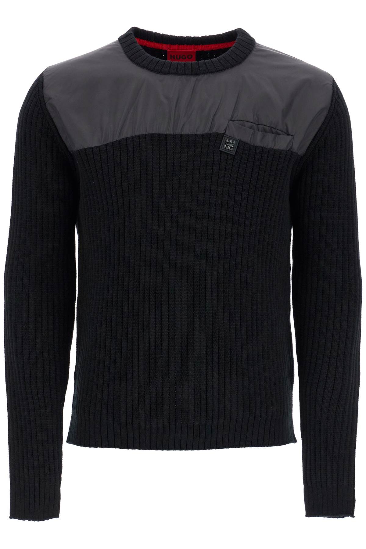 Hugo men's black cotton sweater with round neck and pocket image 0