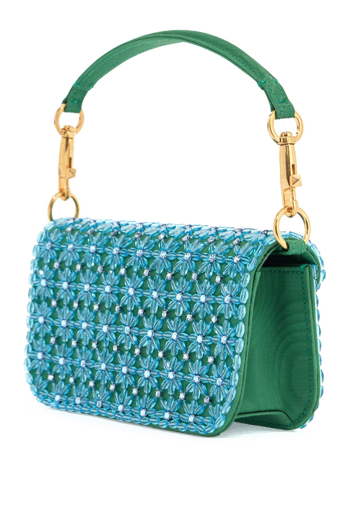 Valentino Garavani small turquoise floral shoulder bag with crystals and chain image 1