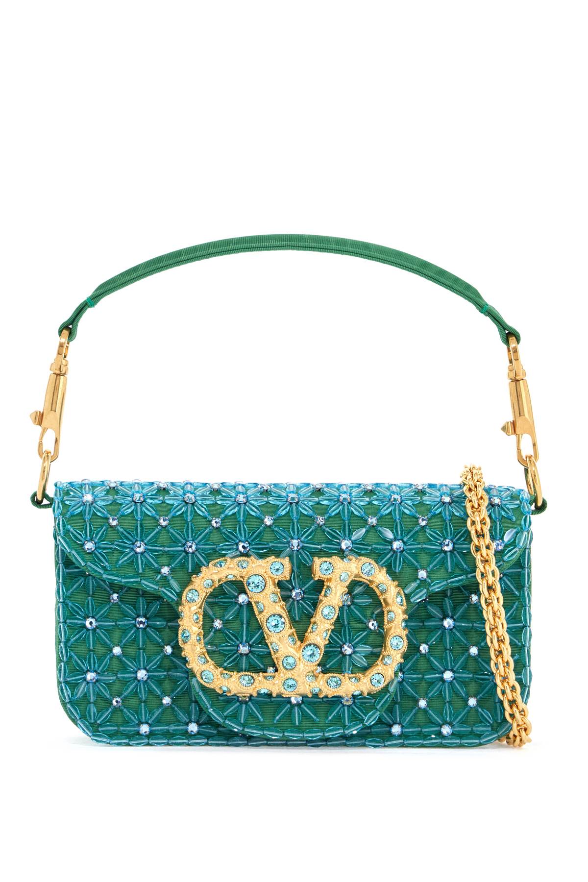 Valentino Garavani small turquoise floral shoulder bag with crystals and chain image 0